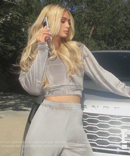 Paris Hilton's gray cropped hoodie on Keeping Up with the Kardashians