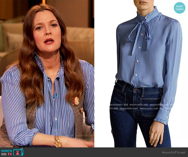 Ruffled Striped Silk Blouse by Ralph Lauren worn by Drew Barrymore on The Drew Barrymore Show