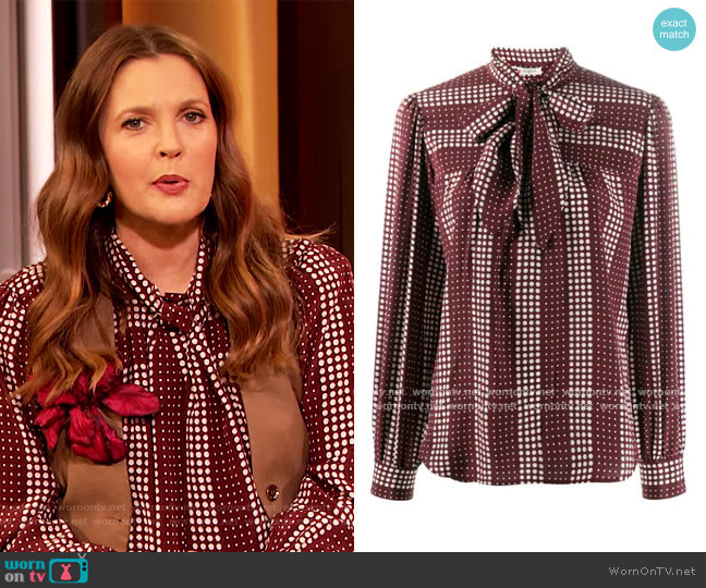 Spotted Silk Pussy Bow Blouse by Ports 1961 worn by Drew Barrymore on The Drew Barrymore Show