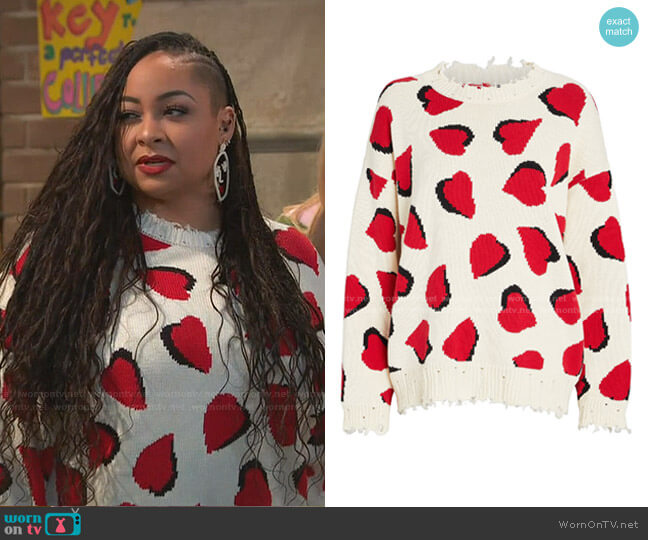 Distressed Heart Intarsia Cotton Sweater by R13 worn by Raven Baxter (Raven-Symoné) on Ravens Home