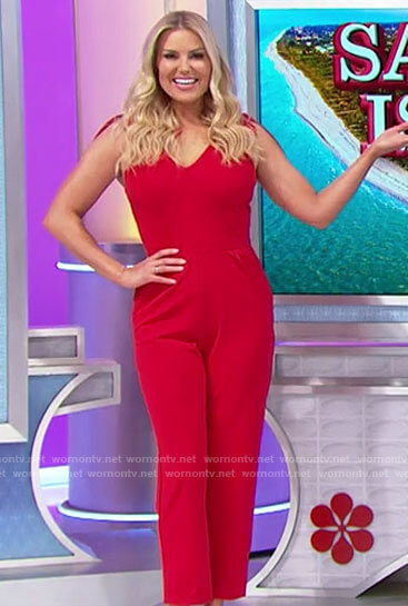 Rachel’s red tie shoulder jumpsuit on The Price is Right