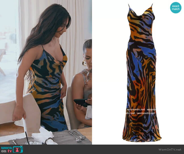 Fabienne zebra-print open-back chiffon slip dress by Rat & Boa worn by Kim Kardashian on Keeping Up with the Kardashians