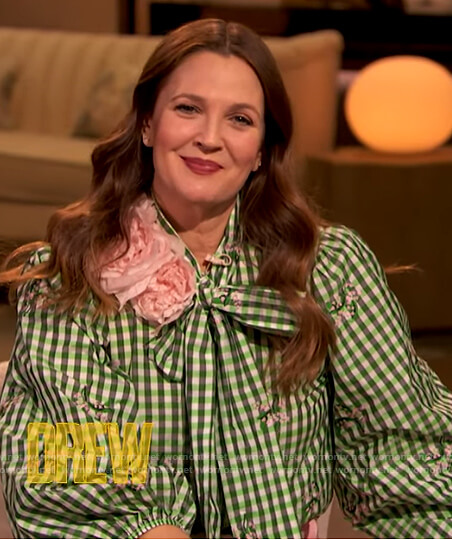 Drew’s green gingham check blouse on The Drew Barrymore Show