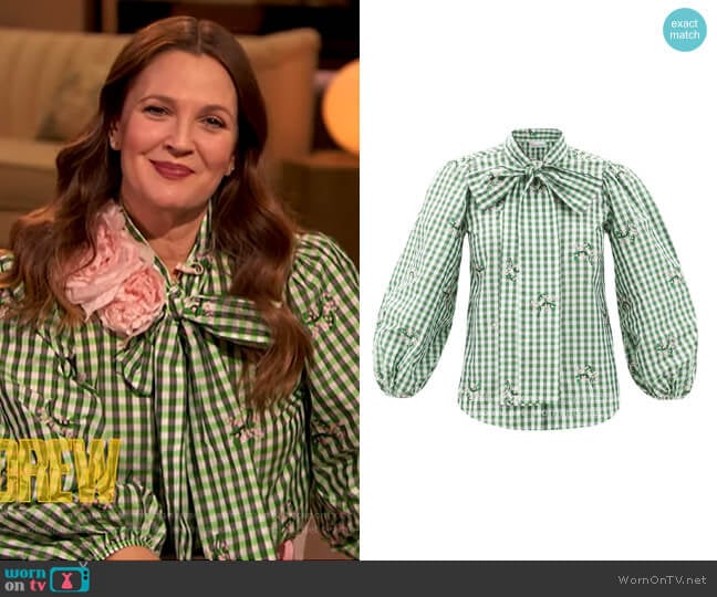 Gingham Pussy Bow Blouse by RED Valentino worn by Drew Barrymore on The Drew Barrymore Show