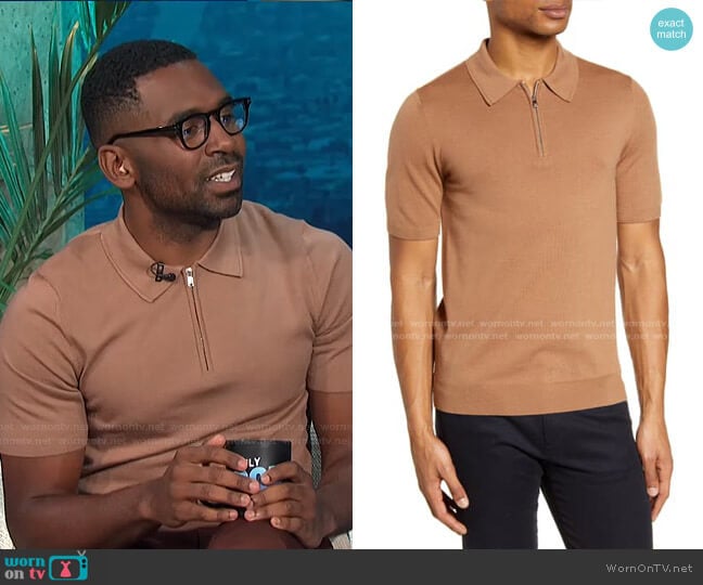 WornOnTV: Justin’s camel quarter zip polo shirt on E! News Daily Pop ...