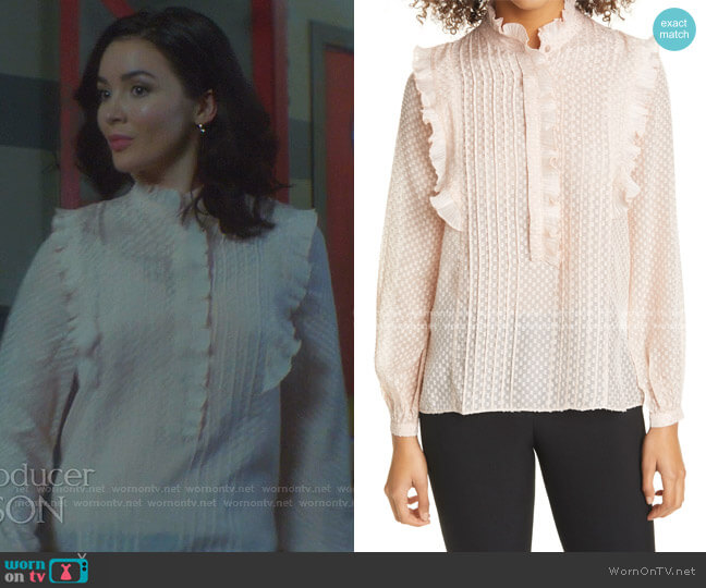 Taylor Ruffle Detail Jacquard Blouse by Reiss worn by Bess (Maddison Jaizani) on Nancy Drew