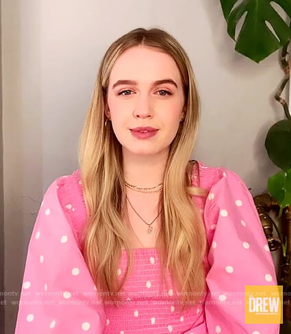 Roan Curtis's pink polka dot smocked top on The Drew Barrymore Show
