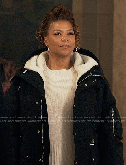 Robyn’s black shearling lined parka on The Equalizer