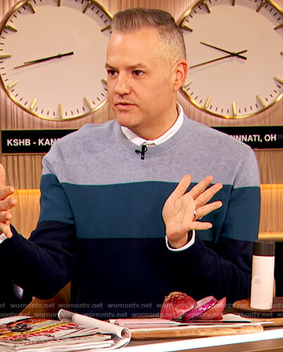 Ross Mathew's blue stripe sweater on The Drew Barrymore Show