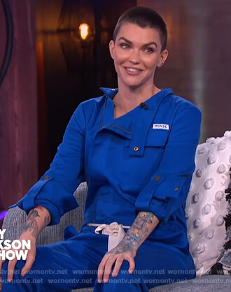 Ruby Rose’s blue belted jumpsuit on The Kelly Clarkson Show