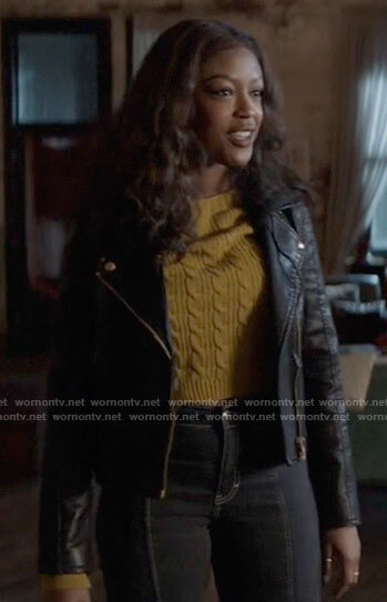 Ryan's yellow cable knit sweater and hooded moto jacket on Batwoman