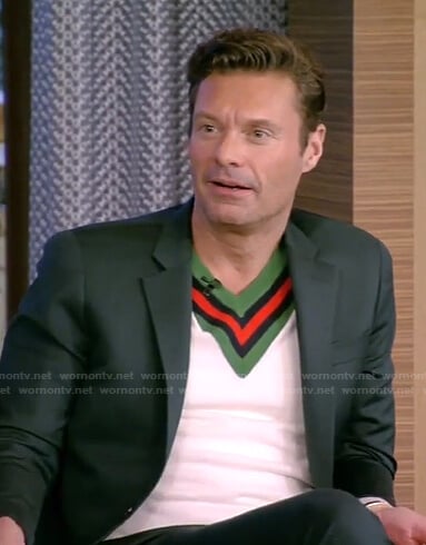 Ryan’s white contrast v-neck sweater on Live with Kelly and Ryan