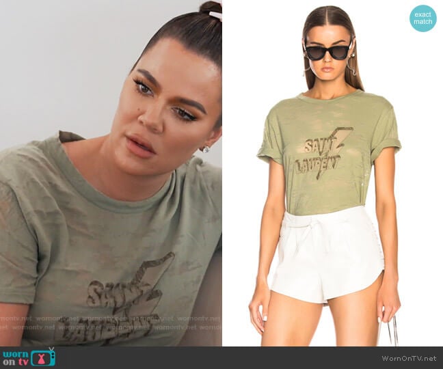 Lightning Bolt Logo Graphic Tee by Saint Laurent worn by Khloe Kardashian on Keeping Up with the Kardashians