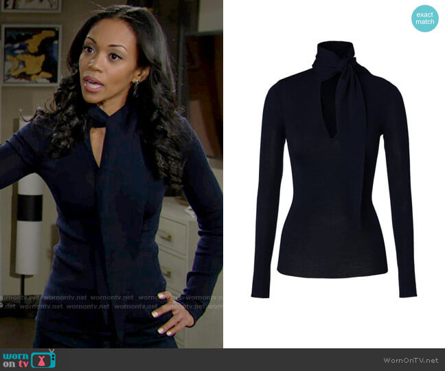 Scanlan Theodore Babywool Cravat Sweater in Navy worn by Amanda Sinclair (Mishael Morgan) on The Young & the Restless