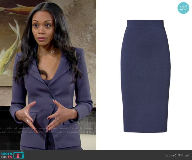 Scanlan Theodore Crepe Knit Slit Back Skirt Slate worn by Amanda Sinclair (Mishael Morgan) on The Young and the Restless