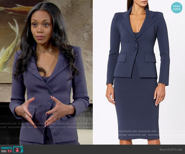 Scanlan Theodore Crepe Knit Tux Jacket in Slate worn by Amanda Sinclair (Mishael Morgan) on The Young and the Restless