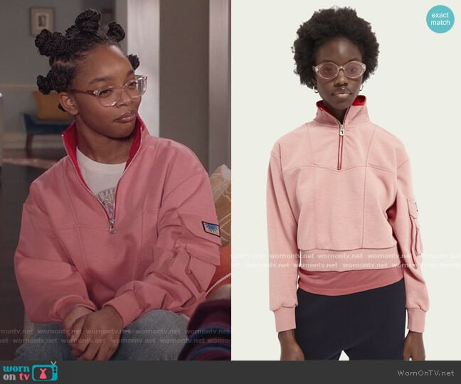 High-neck military-inspired sweater by Scotch and Soda worn by Diane Johnson (Marsai Martin) on Black-ish