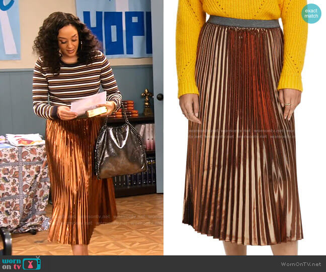 Metallic Pleated Midi Skirt by Scotch & Soda worn by Cocoa McKellan (Tia Mowry-Hardrict) on Family Reunion