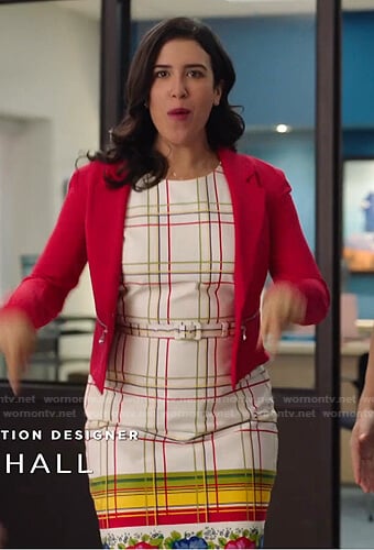 Shannon's white check and floral dress on Kims Convenience