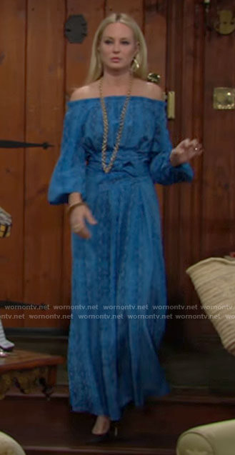 Sharon's blue snake print off-shoulder maxi dress on The Young and the Restless