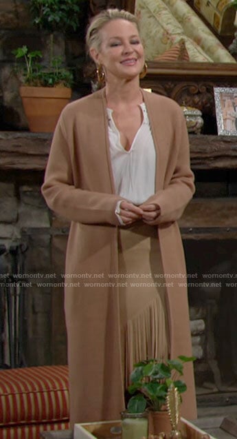 Sharon's long camel cardigan on The Young and the Restless