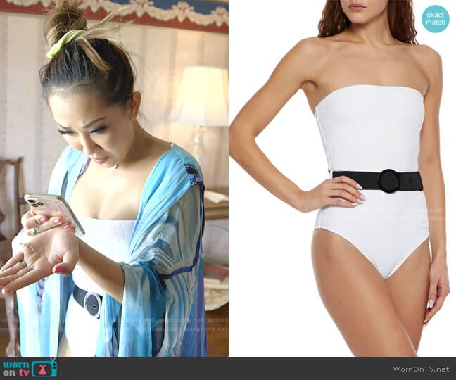 The Madeline Belted Bandeau Swimsuit by Solid & Striped worn by Tiffany Moon on The Real Housewives of Dallas