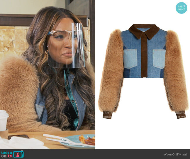 Brown Fox Fur Patchwork Denim Jacket by Sonia Rykiel worn by Drew Sidora  on The Real Housewives of Atlanta