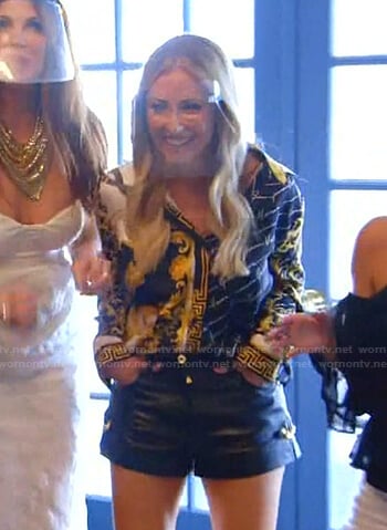 Stephanie’s printed shirt and leather shorts with safety pin on The Real Housewives of Dallas