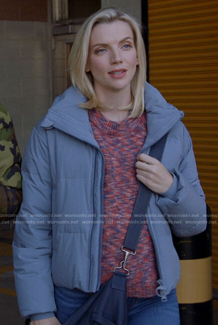 Sylvie's red space dye sweater on Chicago Fire