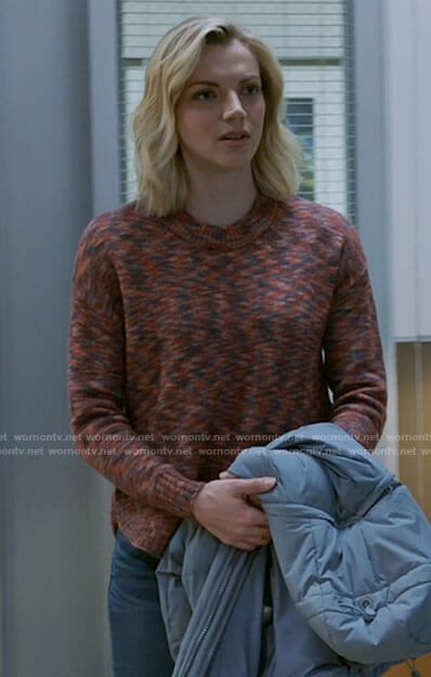 Sylvie’s red space dye sweater on Chicago Fire