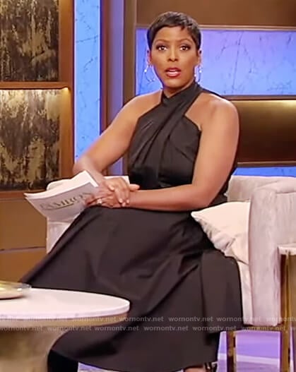 Tamron’s black cross neck dress on Tamron Hall Show