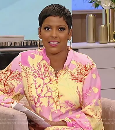 Tamron’s yellow and pink floral dress on Tamron Hall Show