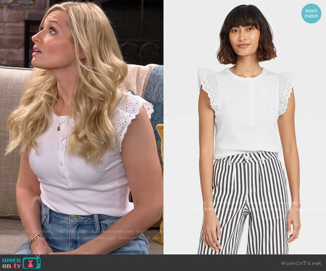 Target Who What Wear Eyelet Ruffle Sleeve Tank Top worn by Gemma (Beth Behrs) on The Neighborhood