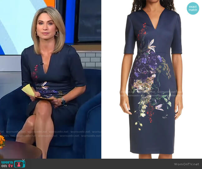 WornOnTV: Amy’s navy floral print sheath dress on Good Morning America ...