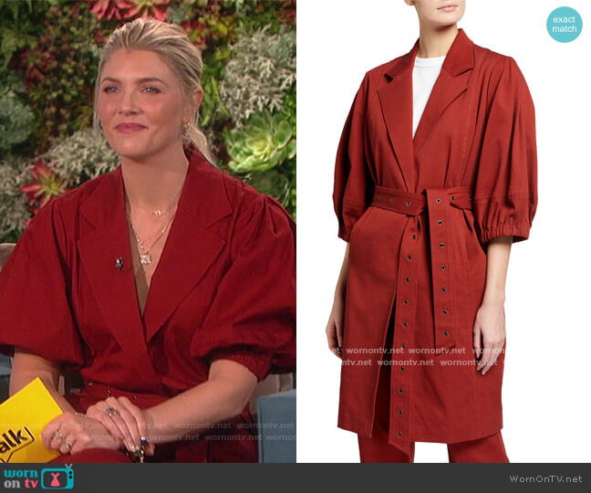 Lantern Cocoon Belted Coat and Pants by Toccin worn by Amanda Kloots on The Talk