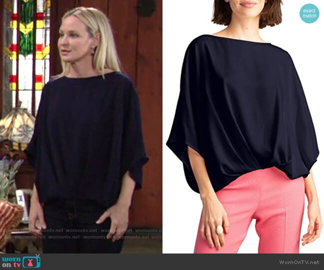 Trina Turk Coralline Top in Indigo worn by Sharon Newman (Sharon Case) on The Young and the Restless