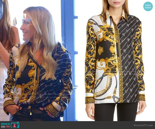 Barocco Gianni Signature Print Silk Blouse by Versace worn by Stephanie Hollman on The Real Housewives of Dallas