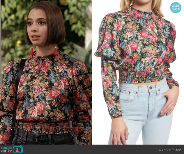 WAYF Dutchess Smocked Puff Sleeve Floral Print Top worn by Celia (Emma Caymares) on Call Your Mother