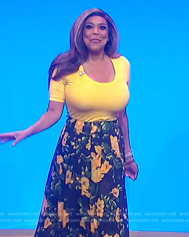 Wendy’s yellow scoop neck top and floral skirt on The Wendy Williams Show