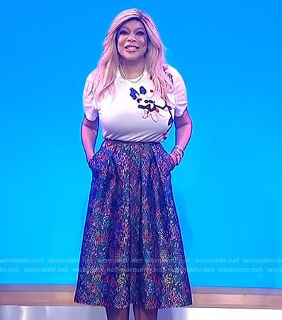 Wendy's white embroidered tee and floral skirt on The Wendy Williams Show