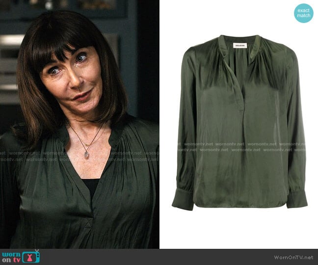 Slit-Neck Satin Blouse by Zadig & Voltaire worn by Maggie Clarke (Mary Steenburgen) on Zoeys Extraordinary Playlist