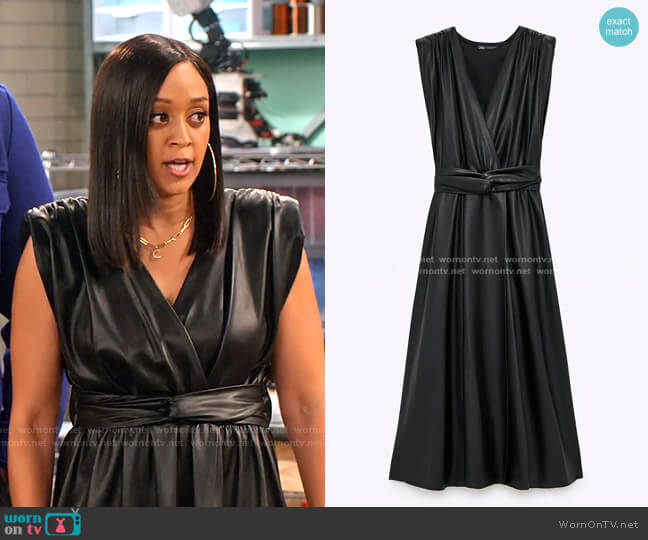 Faux Leather Dress by Zara worn by Cocoa McKellan (Tia Mowry-Hardrict) on Family Reunion