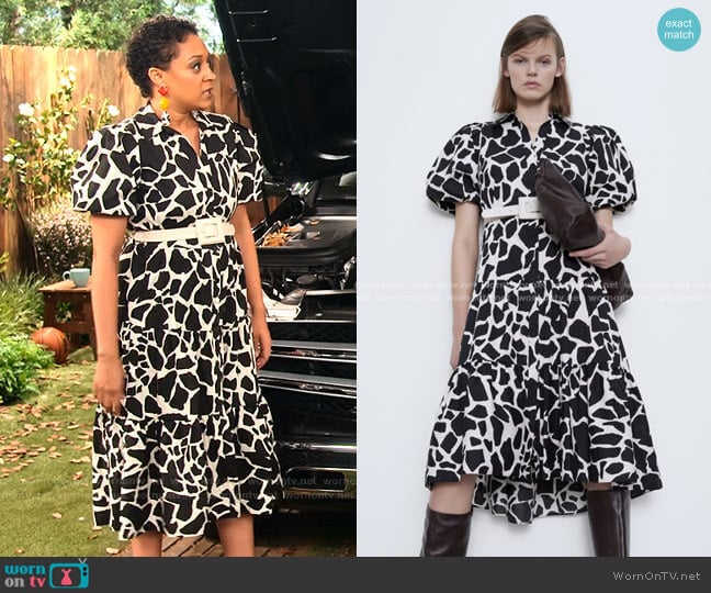 Animal Print Dress with Belt by Zara worn by Cocoa McKellan (Tia Mowry-Hardrict) on Family Reunion