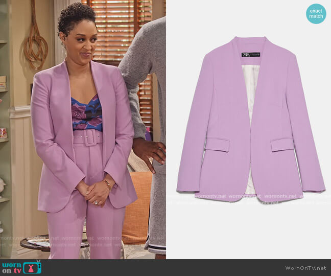 Lavender V-Neck Blazer by Zara worn by Cocoa McKellan (Tia Mowry-Hardrict) on Family Reunion