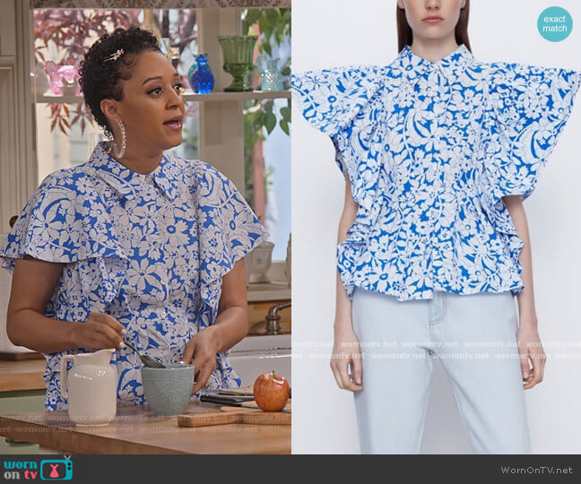 Blue Floral Poplin Top by Zara worn by Cocoa McKellan (Tia Mowry-Hardrict) on Family Reunion