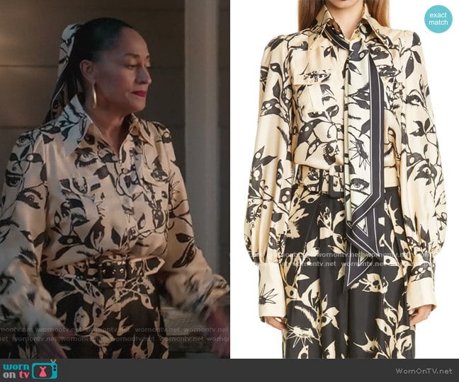 Ladybeetle Eye Print Tie Neck Silk Shirt and Pants by Zimmermann worn by Rainbow Johnson (Tracee Ellis Ross) on Black-ish