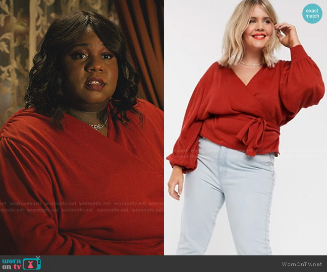 Mo’s red wrap sweater on Zoeys Extraordinary Playlist