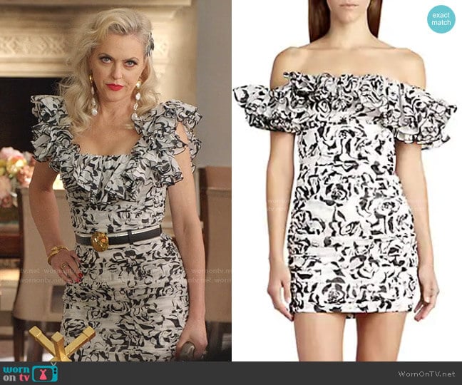 Graphic Floral Cotton Voile Off-The-Shoulder Mini Dress by Alexandre Vauthier worn by Alexis Carrington (Elaine Hendrix) on Dynasty