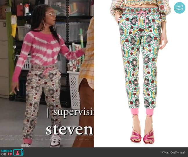 NYC Floral Slim Joggers by Alice + Olivia worn by Diane Johnson (Marsai Martin) on Black-ish