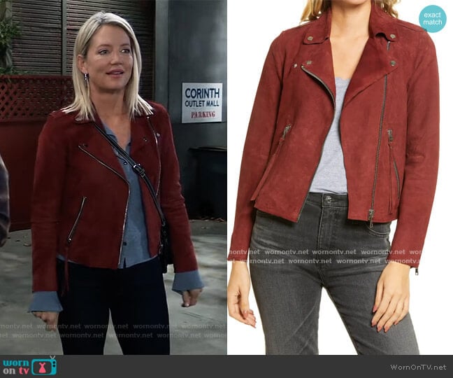 Dalby Redge Suede Moto Jacket by All Saints worn by Nina Reeves (Cynthia Watros) on General Hospital